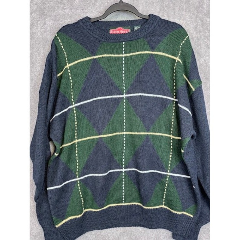 Stone‎ Haven Mens Argyle Sweater XL Blue Green Cream Classic Crewneck